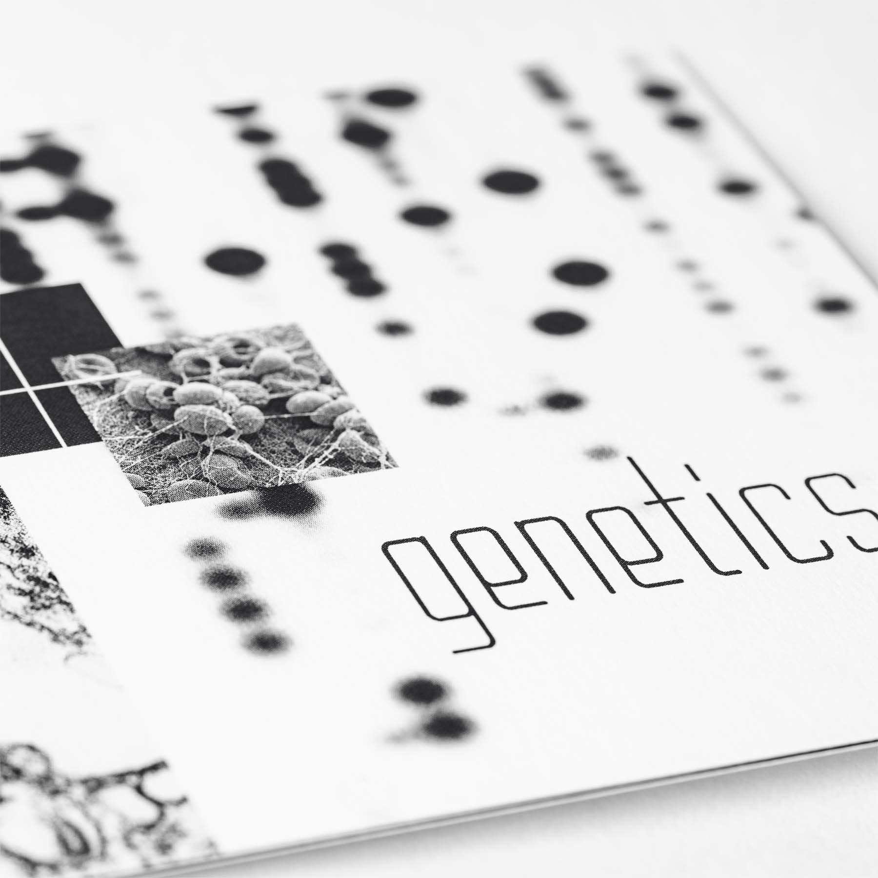 Graduation announcement card featuring custom letterforms for intended minor in 'genetics' in front of a gene sequence image.